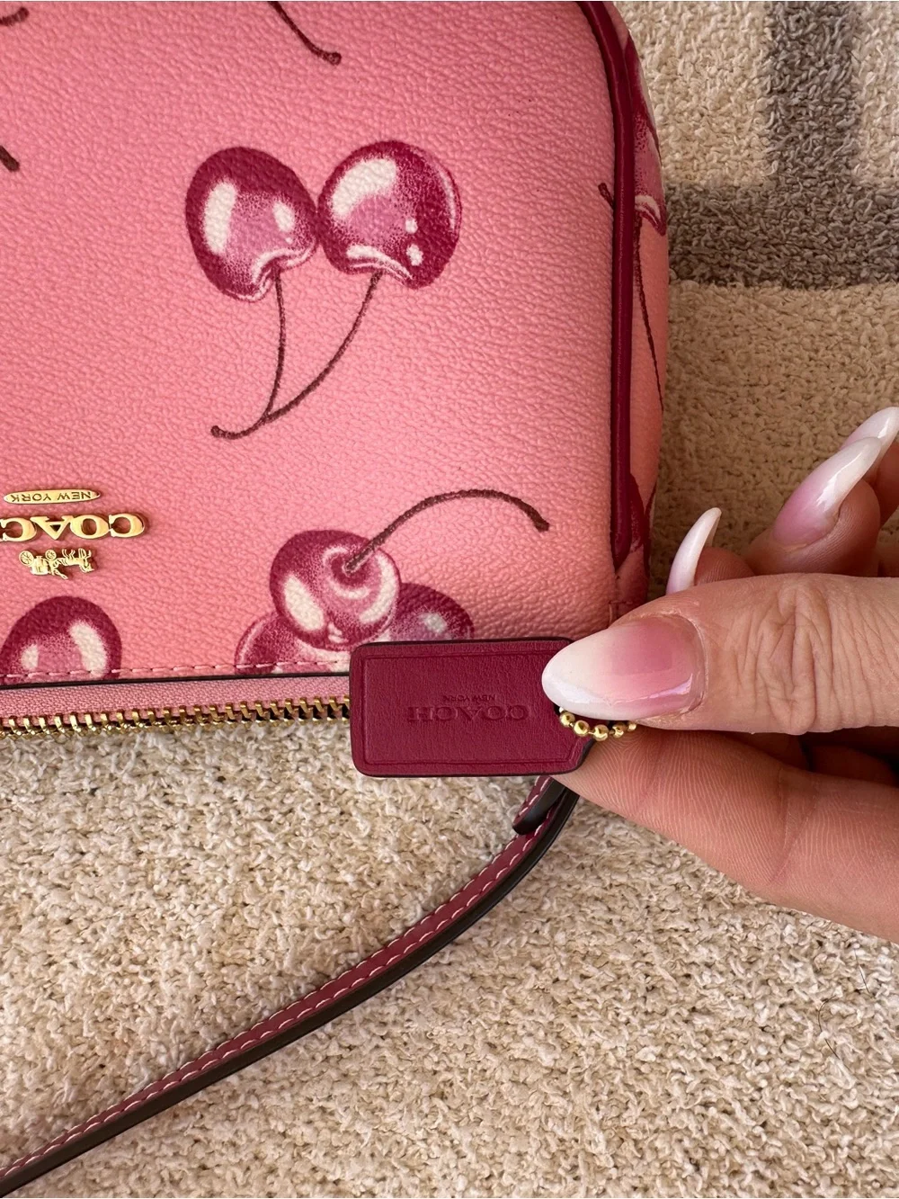 Coach Pink Cherry Print Leather Crossbody Wallet with Gold Hardware